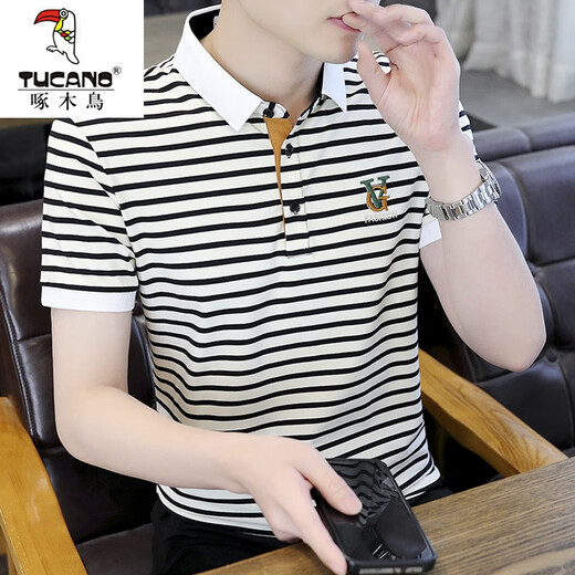 Woodpecker (TUCANO) men's striped POLO Paul shirt short-sleeved T-shirt for men in summer. Cotton half-sleeved new high-end embroidered top for men Y6626 gray XL [1020-135]Jin[Jin equals 0.5 kg]