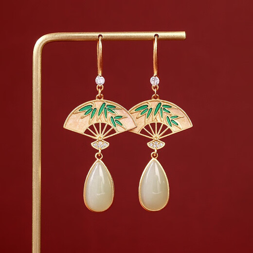 Tongrubi Chinese retro style Hetian jade earrings earrings enamel painted Chinese earrings cheongsam tassels golden CP695-Bird-Bird Earrings