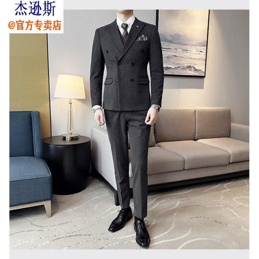 Jason's high-end woolen suit jacket men's autumn and winter business formal double-breasted casual suit suit Korean version slim black (suit + vest + pants) 3XL (150-165Jin Jin equals 0.5kg)