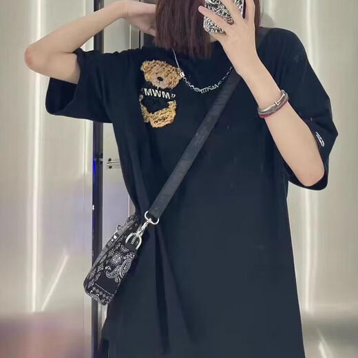 MWM Kimura Ihong OOXOO.NET Chaohui Spanish trendy brand bear necklace simple short-sleeved T-shirt top black S(165-175)