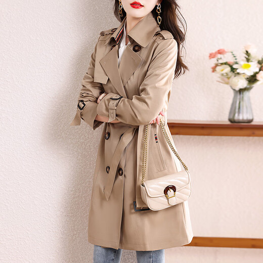 Aoduo windbreaker jacket for women 2025 new women's small mid-length spring and autumn coat AT3212 khaki M
