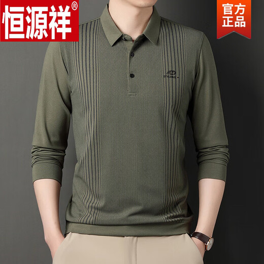 恒源祥（HYX）春秋装条纹印花爸爸长袖T恤男全棉翻领上衣中年男棉质打底衫 长袖826藏青长 袖 165/105/M(100-120斤)