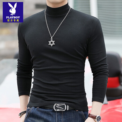 Playboy (PLAYBOY) new autumn and winter solid color slim-fitting bottoming shirt men's high-end white T-shirt soft and skin-friendly long-sleeved half-high collar autumn top white L