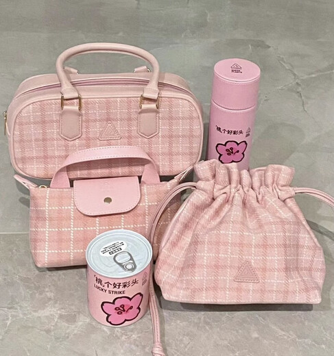 New product 3CE winter pink plaid storage box jewelry box blue cosmetic box portable handheld mirror carry-on luggage plaid cosmetic bag