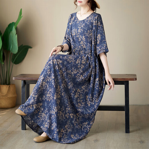 
JIANDANG (JIANDANG) large-size women's summer new round neck print simple bohemian loose long vacation dress 16823 Navy blue and white large size one size [200Jin [Jin equals 0.5 kg] below]