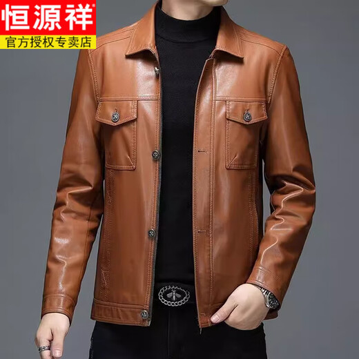 Hengyuanxiang imitation leather leather jacket for men motorcycle leather jacket Haining spring and autumn thin leather jacket for lapel middle-aged men's jacket for motorcycle button leather jacket - dark brown plus velvet 2XL