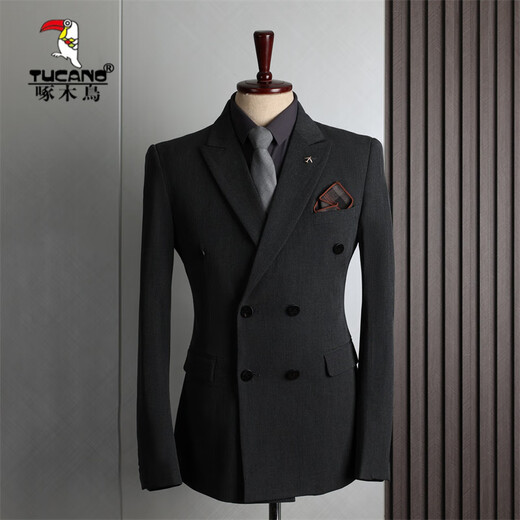 Woodpecker (TUCANO) double-row suit suit men's formal business casual fashion Korean version slim large size wedding small suit for men medium gray (suit + trousers) XL 52 (123-135Jin Jin equals 0.5 kg)