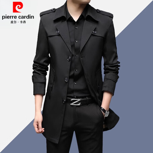皮尔卡丹（pierre cardin）品牌风衣男士中青年秋季新款外套中长款风衣小西装领夹克爸爸上衣 黑色薄款 175/L 110-130斤