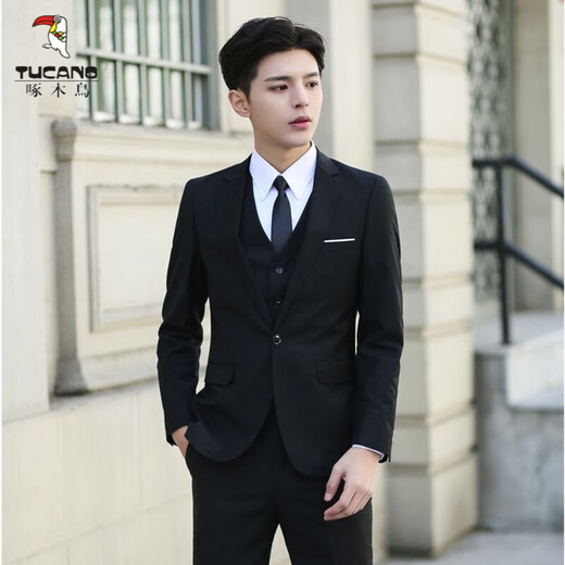 Woodpecker (TUCANO) suit men's slim business casual professional formal wear groom's best man's wedding dress work small suit men's single-button suit + shirt + vest + trousers and tie 2XL 130-145Jin Jin equals 0.5 kg