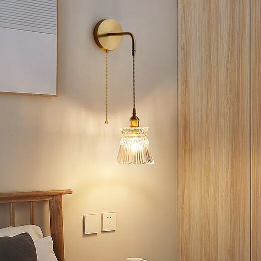 Wall lamp with switch American Nordic retro bedroom bedside lamp Japanese background wall with pull switch bed and breakfast wabi rechargeable type + long line wall lamp + G type