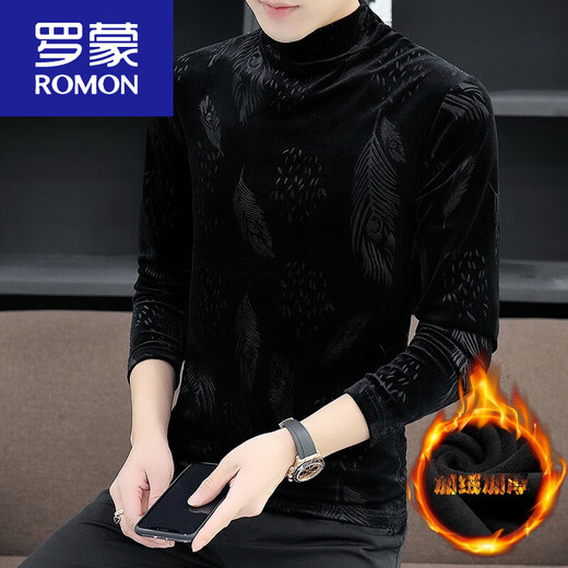 罗蒙（ROMON）加绒加厚半高领打底衫男士黑色金丝绒长袖t恤秋冬季内搭T 691黑色 2XL