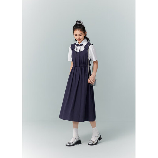 Zihan (ZIHAN) Zihan simple shirt dress suit women's summer new sweet shirt mid-length skirt two-piece set black navy XS