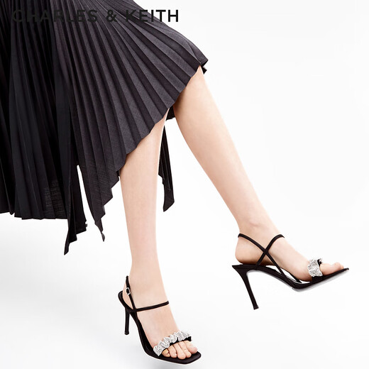CHARLES/KEITH semi-precious stone pleated one-strip high heels sandals girls birthday gift CK1-60361402 Black 34