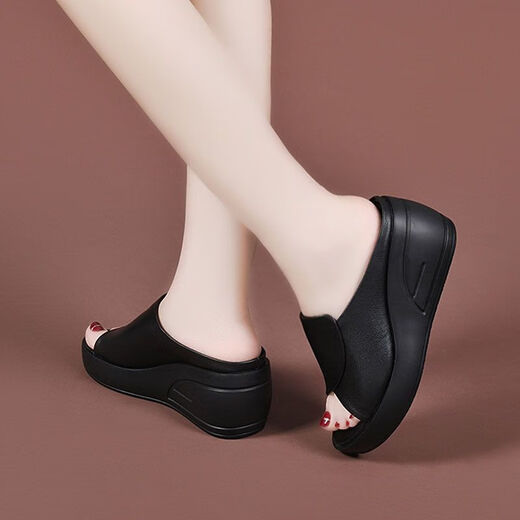 Spechtleder-Fersenruhrschuhe für Frauen 2025 Neue Dick-Soled-High-Flip-Flops für Sommerkleidung Leichte Mutter Sandalen schwarz 35