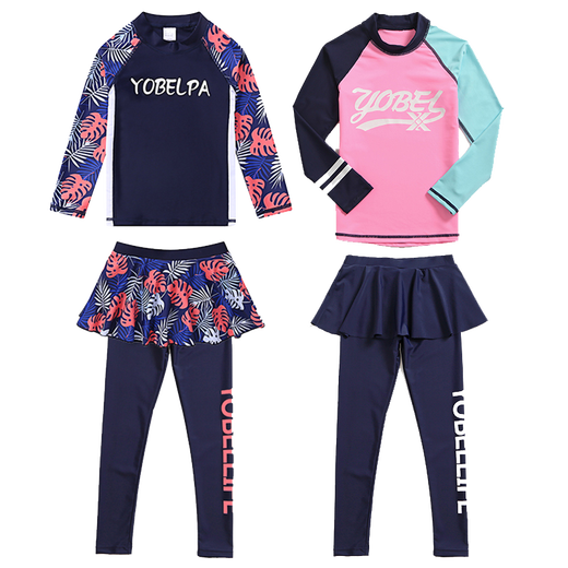 Yobel's new sun protection surfing suit for girls, medium and large children's swimsuit, long-sleeved wetsuit, split children's swimsuit suit, dark blue leaf five-piece suit XXL