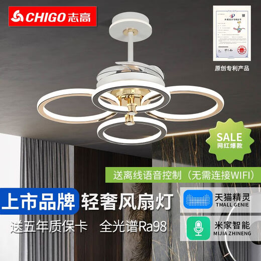 Smart voice app light luxury invisible fan light bedroom dining room living room fan light HP-9755 [top configuration] Full spectrum Ra98 [smart model] Elf + voice +