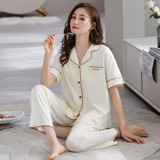 莫代尔睡衣女款夏季2025新款纯棉全棉夏天高级感短袖长裤薄款家居服套装 1203豆沙粉 L