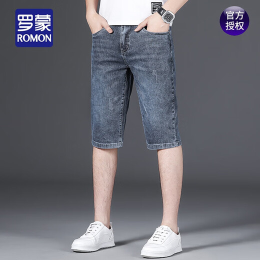
ROMON (ROMON) denim shorts men's summer thin slim straight stretch five-point mid-sized 2025 new summer casual cropped pants 687 blue 33