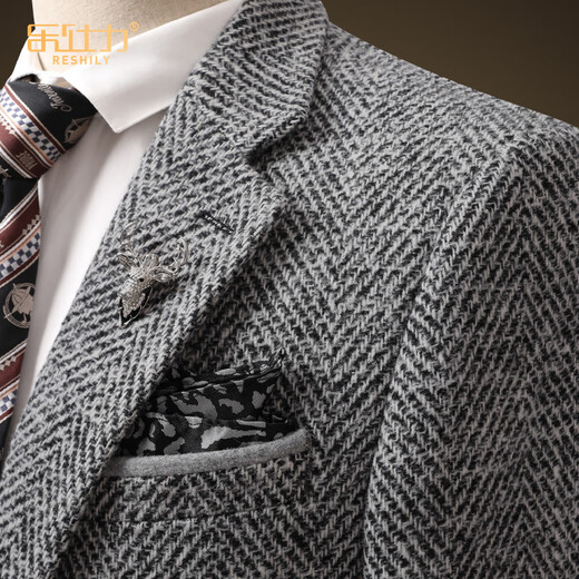 Reshily Wollanzug Jacke für Herren Business End Slim Single Westgrau Top Wolle dicke High-End-Anti-Falten-Anzug Winter Wollblume grau Single Anzug 170/m/48 (Gewicht 115-120jin [Jin ist gleich 0,5 kg])
