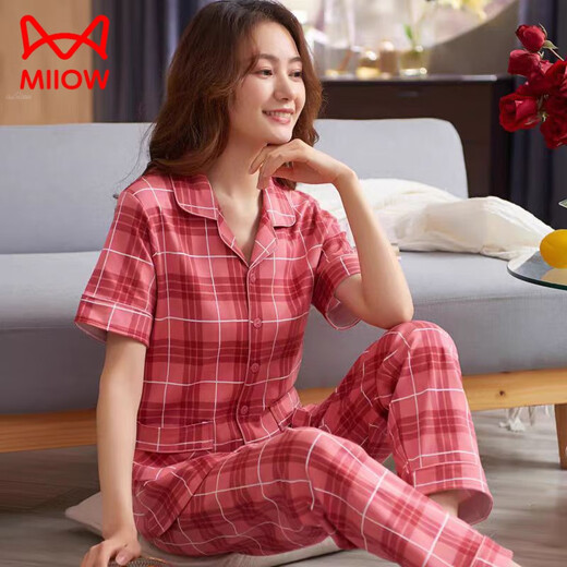 Catman (MiiOW) star pajamas summer women's pure cotton short-sleeved trousers spring and autumn red plaid middle-aged mother's large size home clothing FTX-9921 M - Recommended 80-95Jin [Jin equals 0.5 kg]