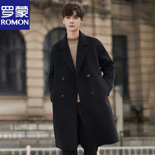 罗蒙（ROMON）高端双面呢外套男士羊毛呢子大衣中长款冬季加厚韩版高级感风衣潮 黑色 S110斤以内