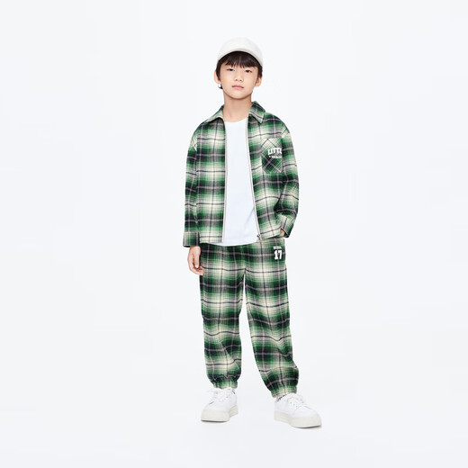 Little MO&Co. Children's clothing spring new style boys' pure cotton plaid long-sleeved shirt zipper jacket green and white plaid 120 120/60