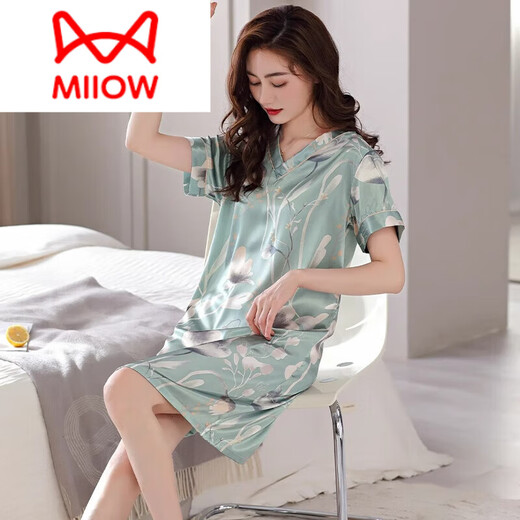 
Cat Man (MiiOW) nightgown for women summer silk short-sleeved long pajamas 2025 new summer silk pregnant mother dress 9928 M