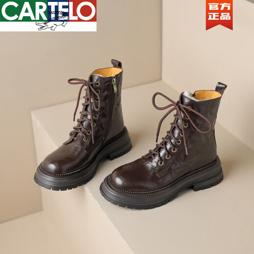 CARTELO cocodrilo (CARTELO) invierno nuevas botas de nieve de una sola pieza de piel de oveja para mujer engrosadas más botas Martin de terciopelo adelgazantes botas cortas de cuero de suela gruesa de algodón grande negro 40