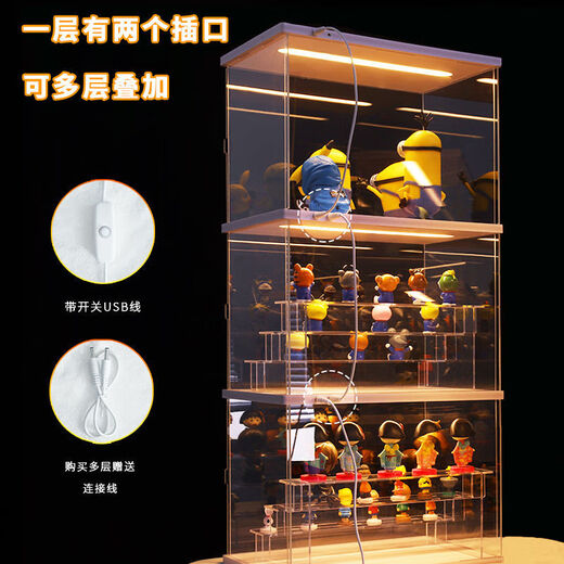 和北桌面泡泡玛特展示盒灯发光展示盒展示柜亚克力透明展示盒 大号顶灯带梯子两层jy6626dt