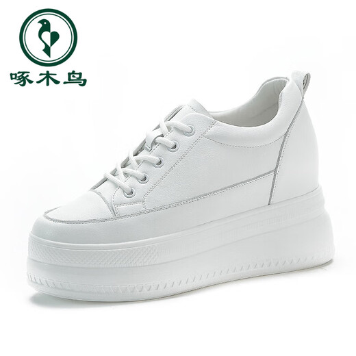 Woodpecker genuine leather inner height increasing women's shoes 2025 autumn and winter height increasing slimming thick sole platform small black shoes versatile wedge casual shoes black single lining 36