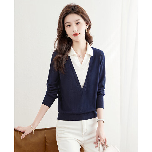 Sibaishe spliced ​​V-neck sweater for women 2026 spring new style shirt lapel fake two-piece thin bottoming top
