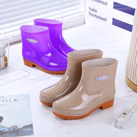Huili four-season wear-resistant beef tendon sole waterproof shoes fashionable short rubber shoes kitchen soft sole water boots rain boots women comfortable and non-slip on rainy days Khaki-single shoes Standard size 38