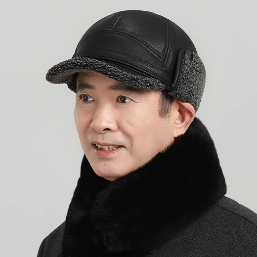 Muchiston middle-aged and elderly men's winter velvet thickened peaked cap old man dad grandpa elderly ear protection baseball cap black one size