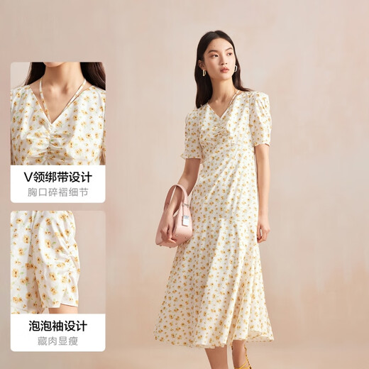 Veromoda Kleid 2024 Frühjahr neue Fünf-Cent-Ärmeln Schlanker Temperament Print Holiday Style S85 White 160/80a/S