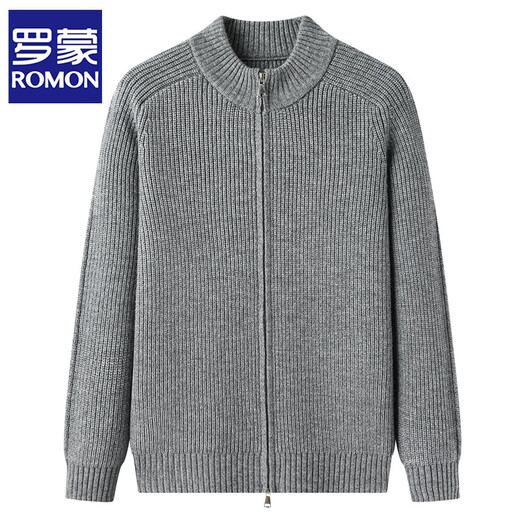 ROMON double zipper stand-up collar cardigan for men thickened wool sweater for autumn and winter solid color slim mid-collar knitted jacket medium gray L /110