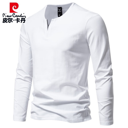 Pierre Cardin Henry heavyweight men's long-sleeved T-shirt with spring and autumn slim casual v-neck solid color bottoming shirt clothes top black XL
