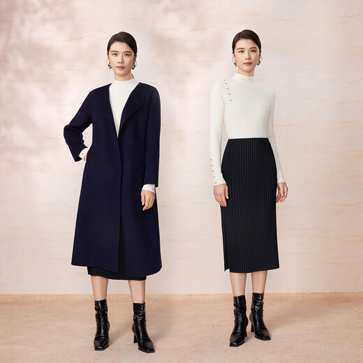 Pink and blue wardrobe [Accordion pleated skirt] 2024 autumn and winter new elastic straight slit skirt 5A5Q967 ink black L
