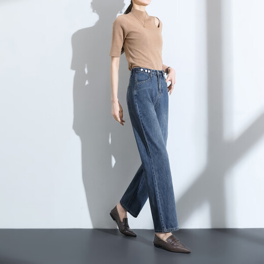 Yanyu fashionable temperament jeans for women 2024 new summer versatile pants high-waisted straight pants slimming wide-leg pants retro blue L/40