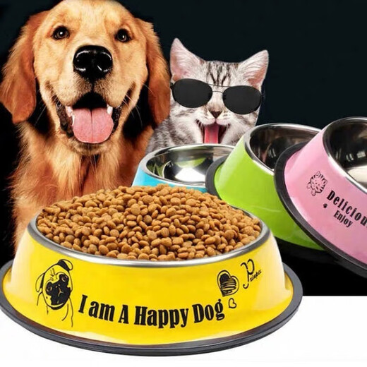 OIMG Stainless Steel Dog Bowl Golden Retriever Teddy Dog Bowl Cat Dog Food Bowl Labrador Anti-Slip Drinking Bowl Dog Food Bowl Blue (Random Pattern) XL-Extra Large (Recommended 40-80Jin Jin equals 0.5kg)