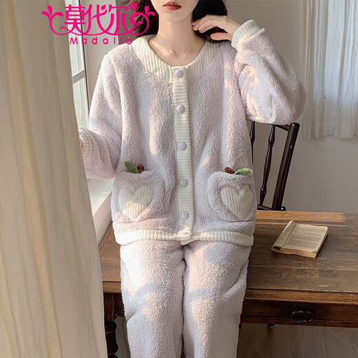 Pajamas de velours de corail modal pour les femmes en automne et hiver plus cardigan épaissis en velours ensemble de flanelle douce et mignonne pour l'usure en plein air 3881 à quatre feuilles L