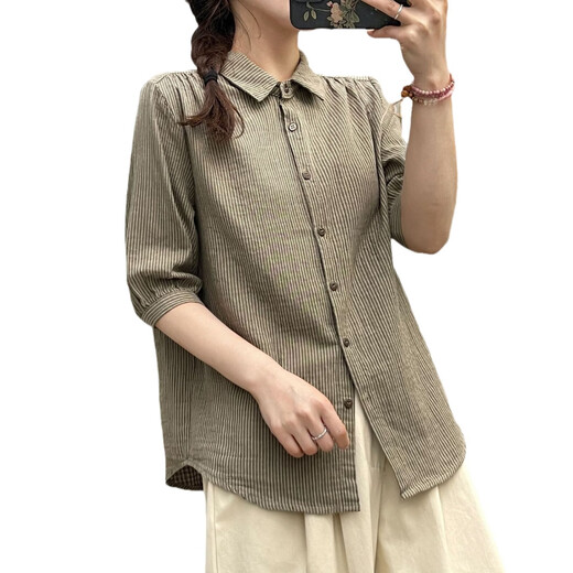 NICOLEJOLIE100%纯棉长袖衬衫女2025春装新款细条纹宽松文艺休闲棉纱衬衣上衣 蓝条6623（翻领细条纹无口袋） L