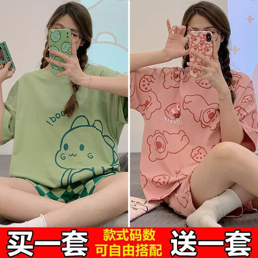 SexeMara【2套装睡衣女夏季短袖卡通甜美学生ins风200斤可外穿家居服 679绿恐龙 674黑桃心 L 建议【100-115斤】可穿