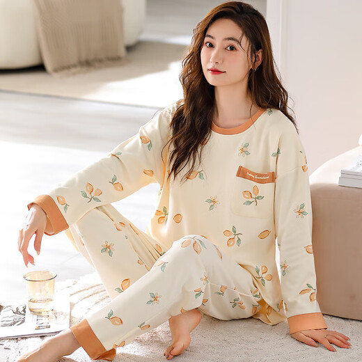 荣西图（RONGXITU）一棉制长袖长裤睡衣女春秋胖妹妹特大码200斤休闲宽松家居服5显瘦 A9201 长袖长裤棉制 M[80-100斤]