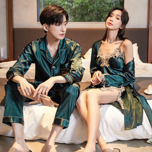 Modal 2 set price imitation silk couple nightgown for men and women spring and autumn suit shorts women's suspender skirt two-piece ice silk embroidered bathrobe 0521 black men's suit women's lace nightgown XL male + female M