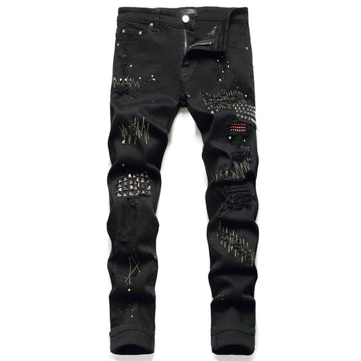 Fei Shimi New Style High Street Herren Ripped Jeans bestickt S Tight Mid-Tendy Herren trendy lässige schwarze Hosen Schwarz 3523 29
