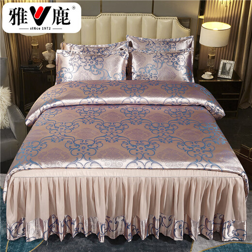 Yalu bed skirt style four-piece set non-cotton satin European jacquard quilt cover with lace bed sheet quilt cover summer bedding Senna style bed skirt style 1.8m four-piece set quilt cover 200x230cm
