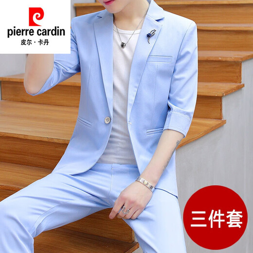 Pierre Cardin men's suit Korean version slim fit summer thin trendy handsome casual three-quarter sleeve summer small suit summer style 832 blue XL