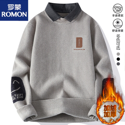 
Romon shirt collar sweater men's autumn and winter style plus velvet thickened fake two-piece sweater men's loose casual inner sweater M9901 m white XL [120-140Jin [Jin equals 0.5 kg]]