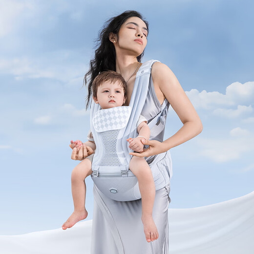 Hubeier Air suspended waist stool baby strap lightweight baby holding artifact pressure relief black and white grid + waist extension belt