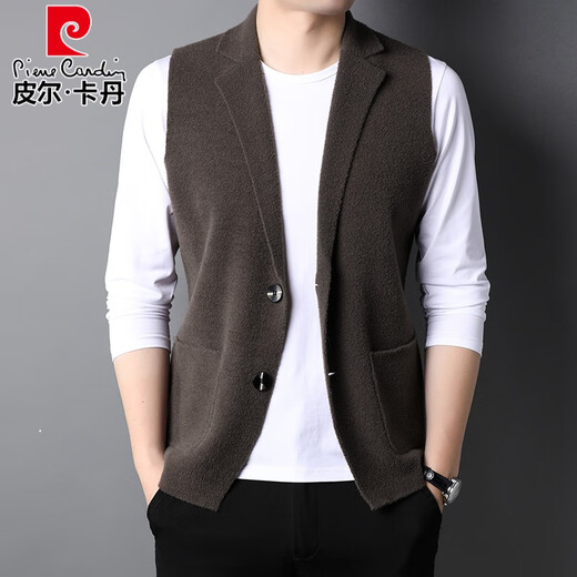皮尔卡丹（pierre cardin）春秋季翻领纯色开衫毛衣男西装领背心双面绒毛马甲抓绒针织衫马夹 咖啡色 175/L